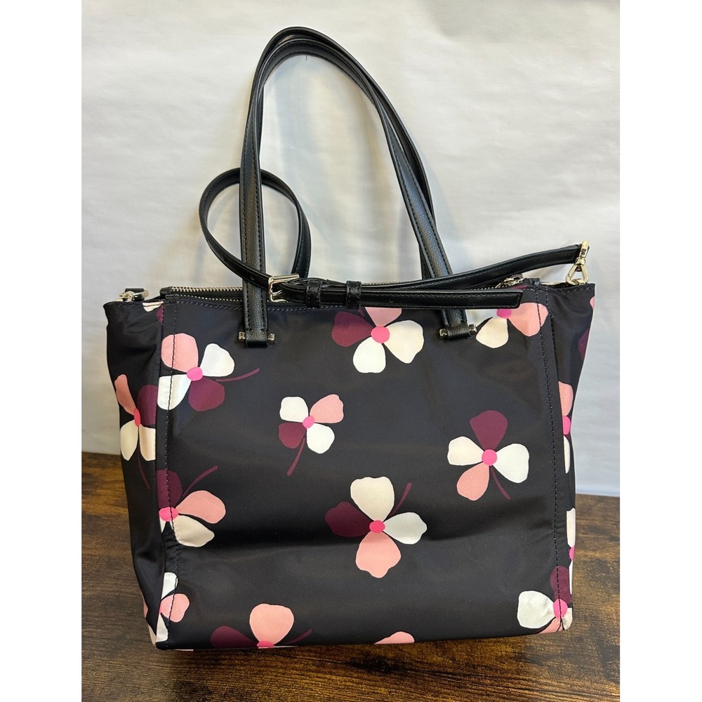 Kate Spade Dawn Dusk Buds Black Floral Nylon Satchel Tote Crossbody Bag Purse - Picture 6 of 16